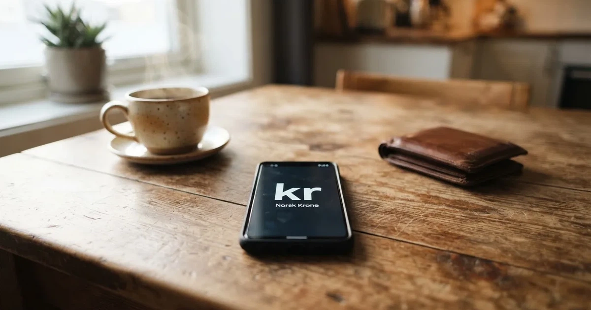 Mobiltelefon på et trebord ved siden av en lommebok og en kopp kaffe — 10 kr casinoer i norge