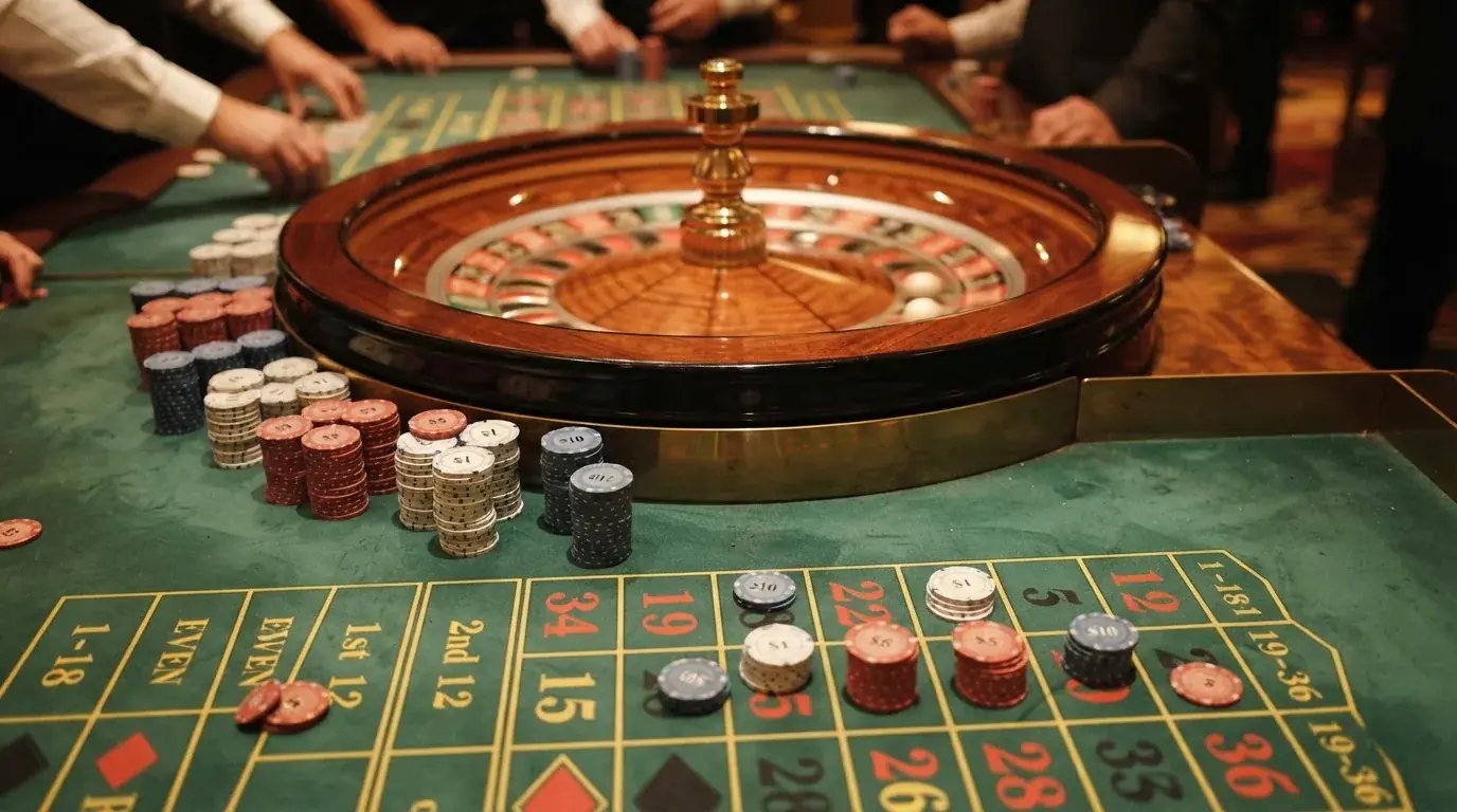 Rulettehjul og sjetonger på grønn filt i varmt kveldslys — 10 kr casinoer i norge
