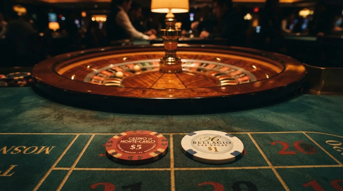 Rulettehjul og sjetonger på grønn filt i varmt kveldslys — 100 kr casinoer i norge