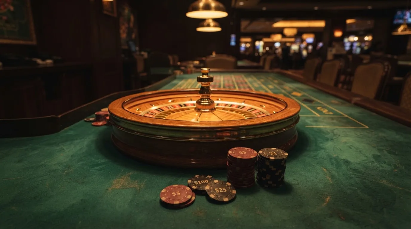 Rulettehjul og sjetonger på grønn filt i varmt kveldslys — 20 kr casinoer i norge