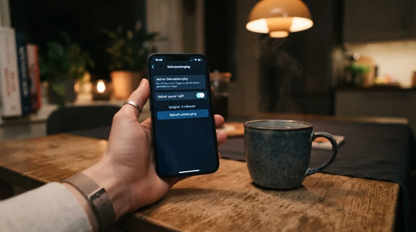 Hånd holder en mobiltelefon ved siden av en kopp te ved et kjøkkenbord en rolig kveld — alle kasinoer i norge