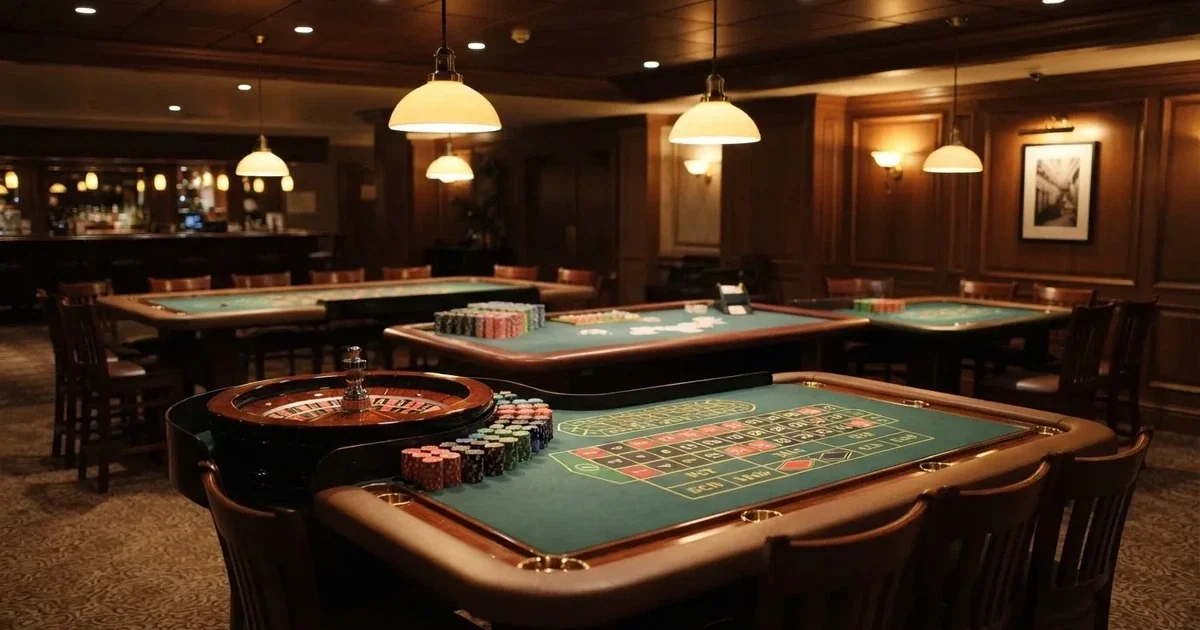 Tre ulike spillebord side om side i en rolig, varmt opplyst spillesal — anmeldelser av norske casinoer