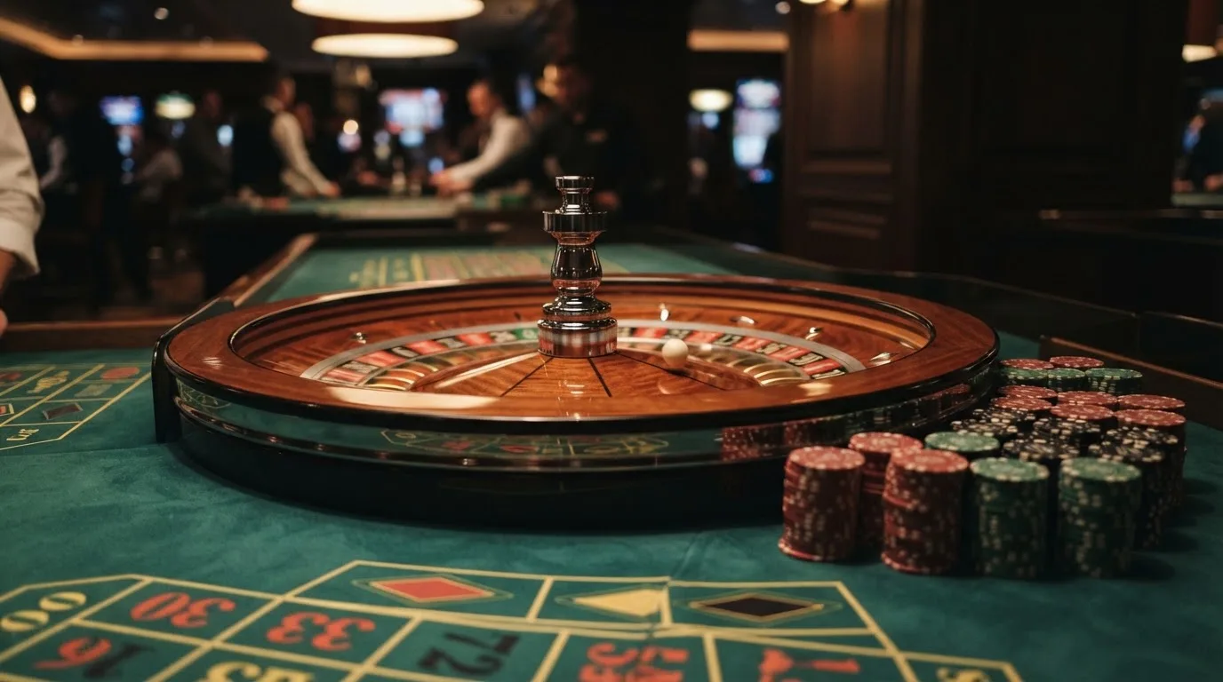Rulettehjul og sjetonger på grønn filt i varmt kveldslys — anmeldelser av norske casinoer