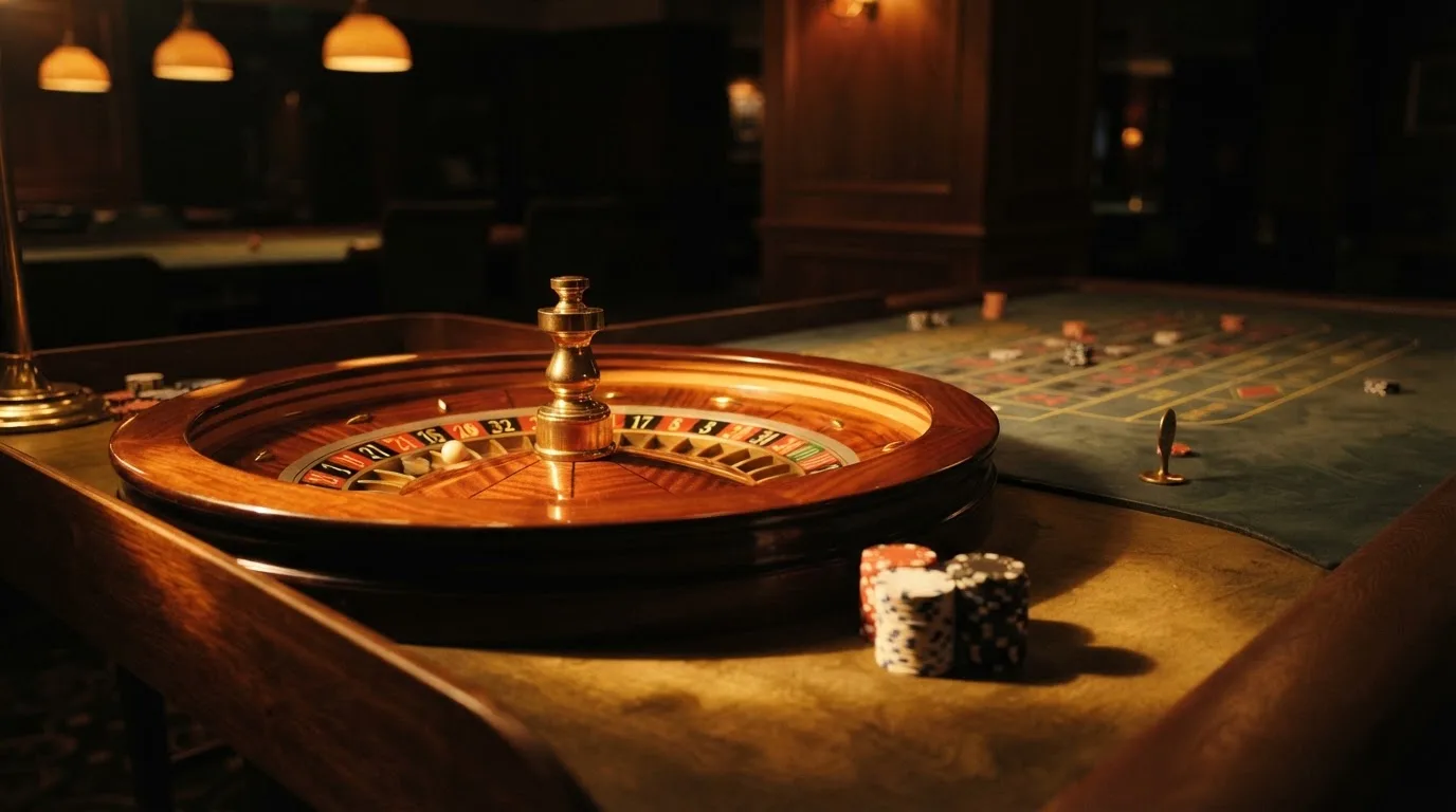 Rulettehjul og sjetonger på grønn filt i varmt kveldslys — beste bonuser på norske casinoer