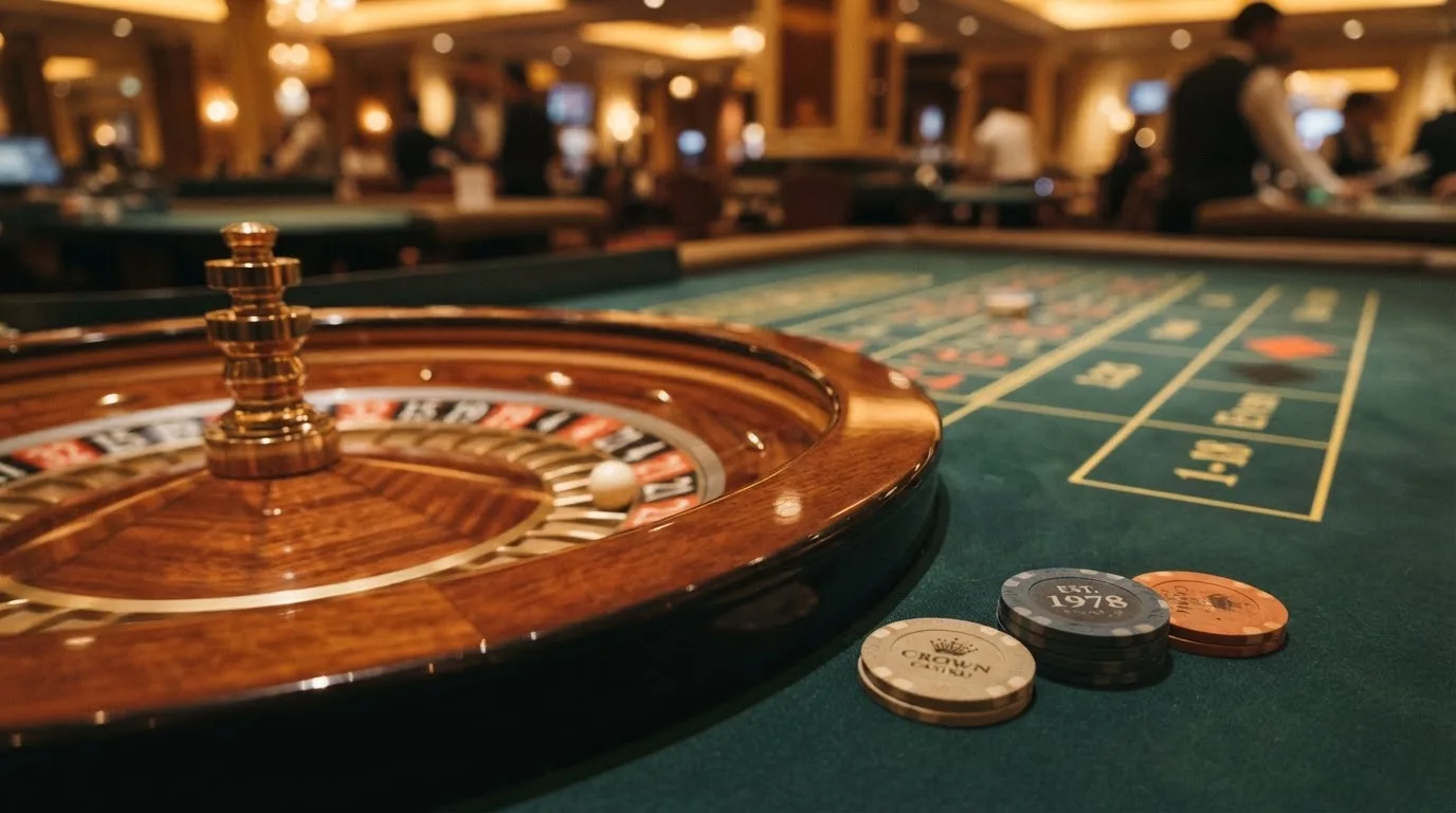 Rulettehjul og sjetonger på grønn filt i varmt kveldslys — beste casino spilleautomater