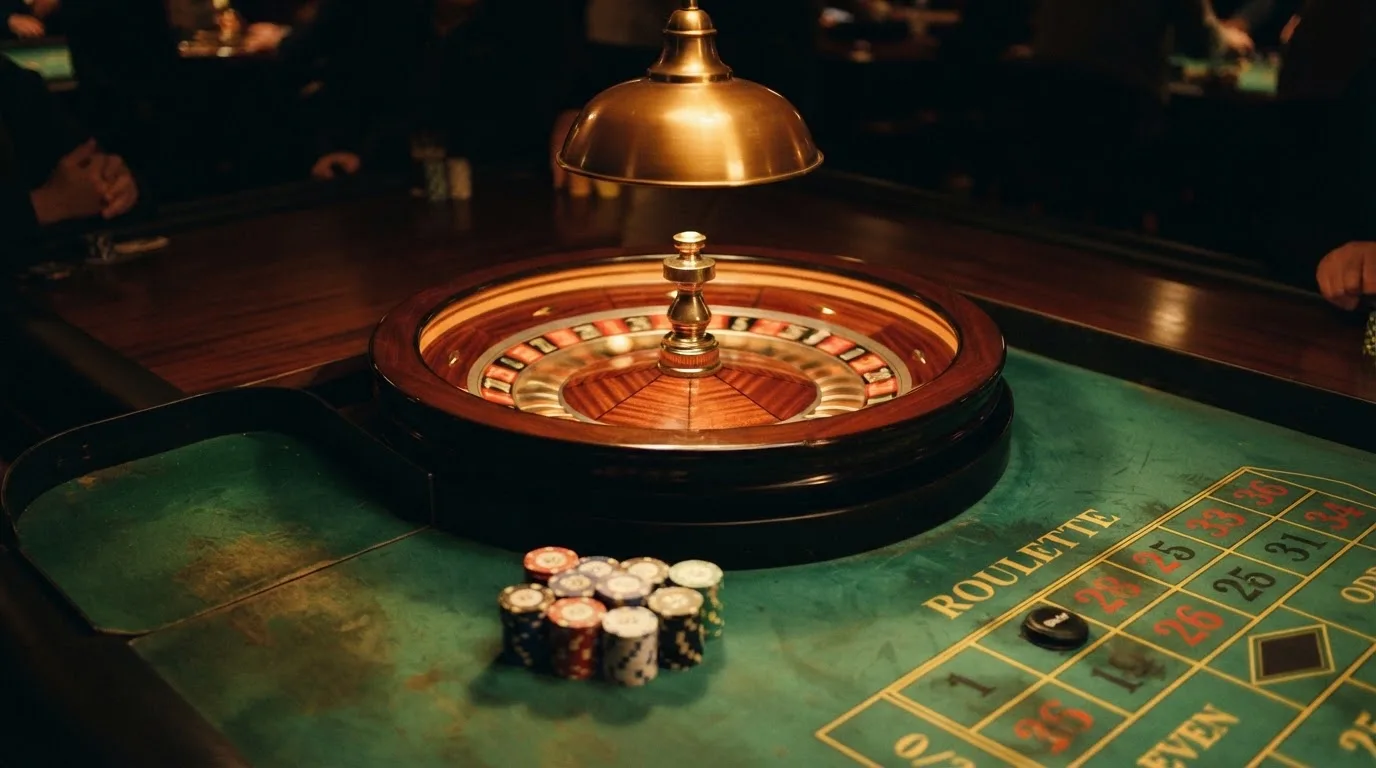 Rulettehjul og sjetonger på grønn filt i varmt kveldslys — beste casinobonuser i norge