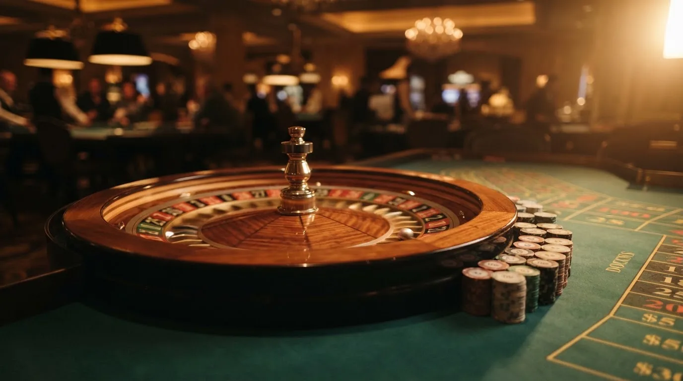 Rulettehjul og sjetonger på grønn filt i varmt kveldslys — beste casinoer med baccarat