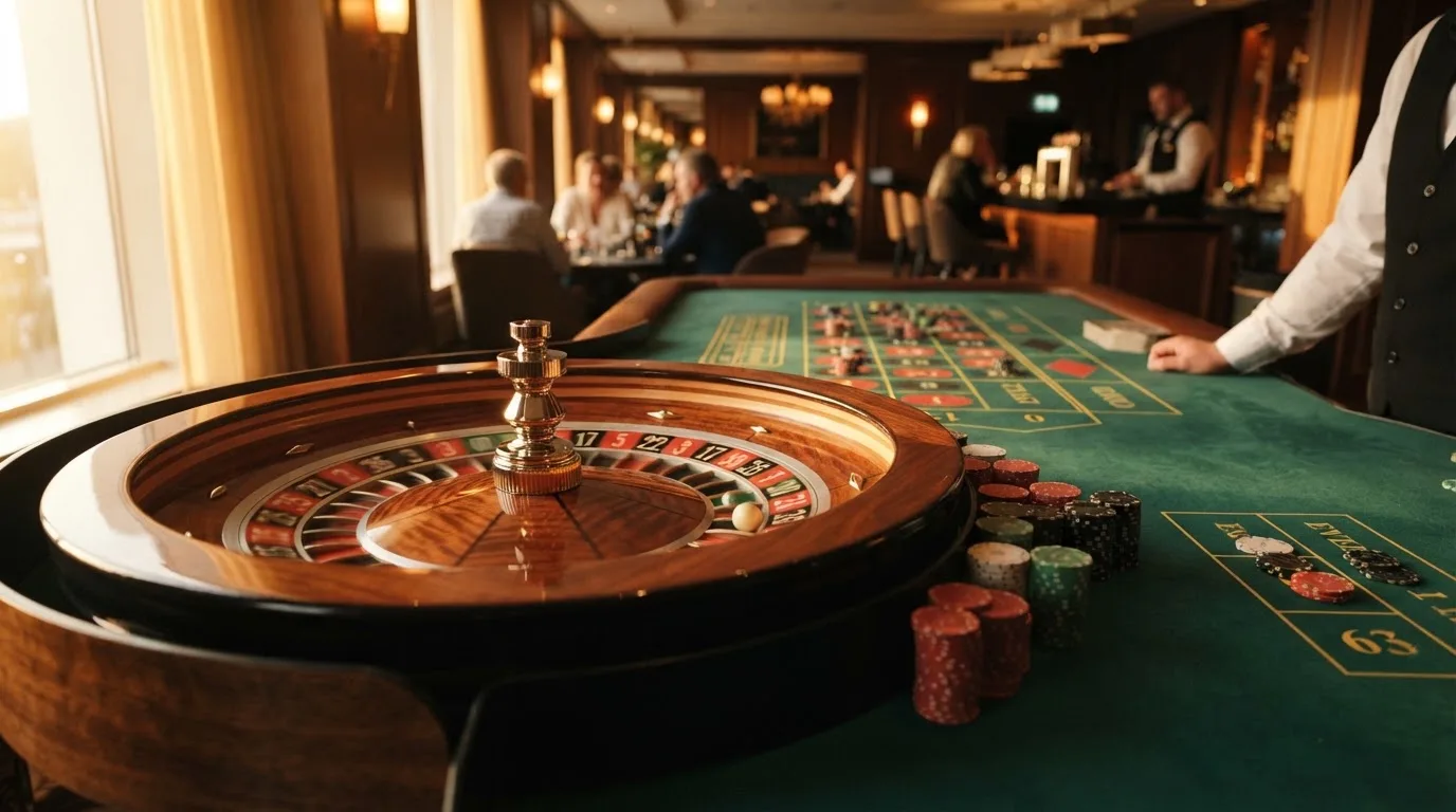 Rulettehjul og sjetonger på grønn filt i varmt kveldslys — beste casinoer med bingo