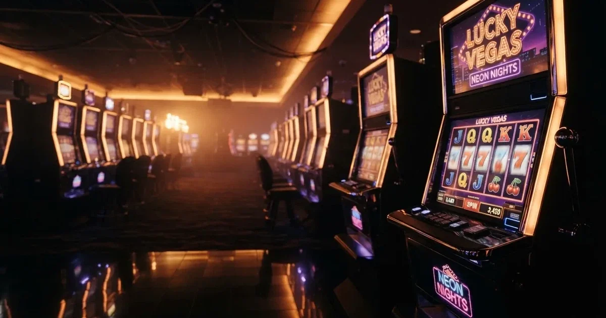 Rad med moderne spilleautomater i en dempet spillhall uten mennesker, fargede lys som speiler seg i et blankt gulv