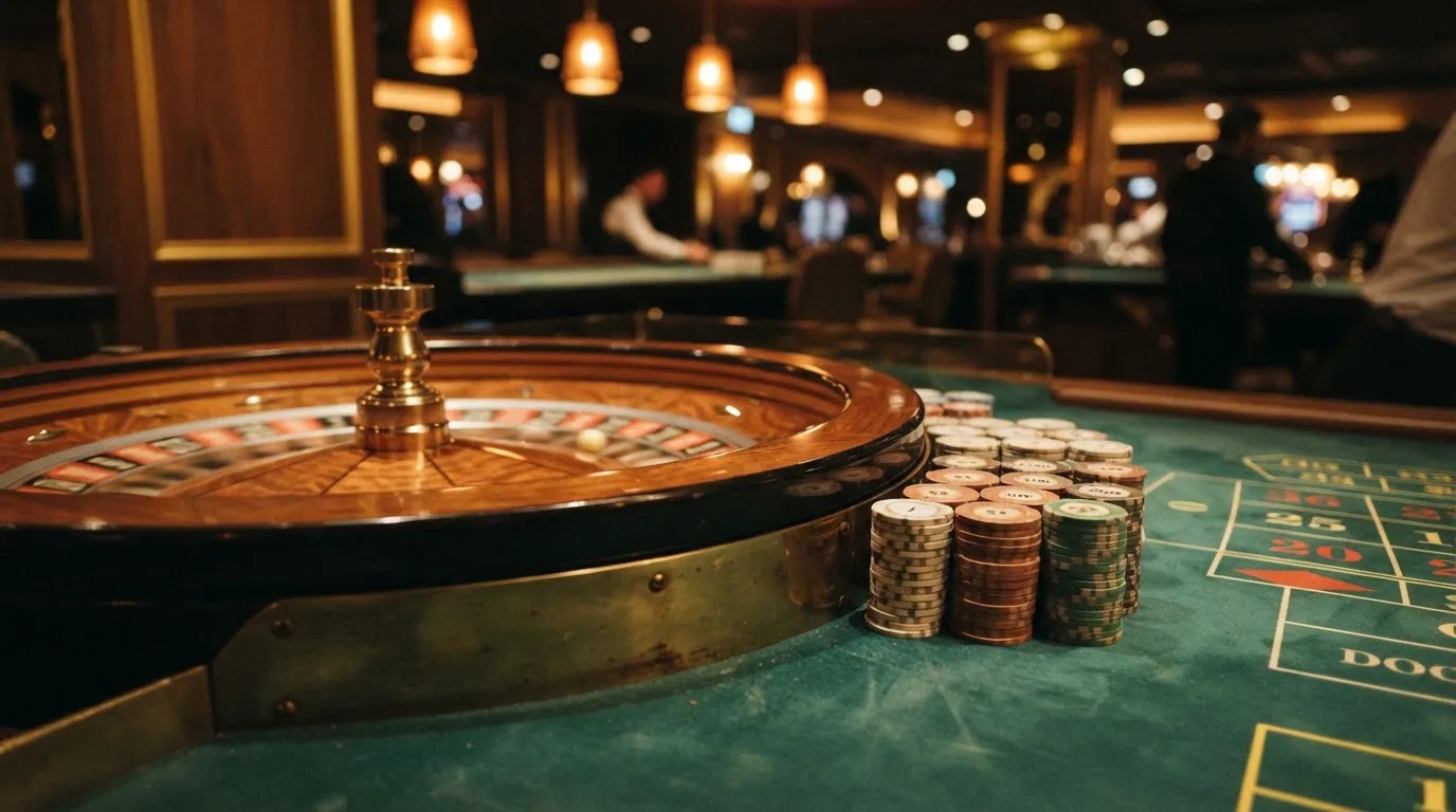 Rulettehjul og sjetonger på grønn filt i varmt kveldslys — beste utenlandske casinoer