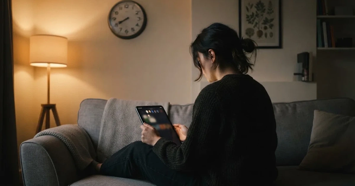 Person i en sofa ser ettertenksomt på et nettbrett, en klokke på veggen bak — bonuser på nettcasino
