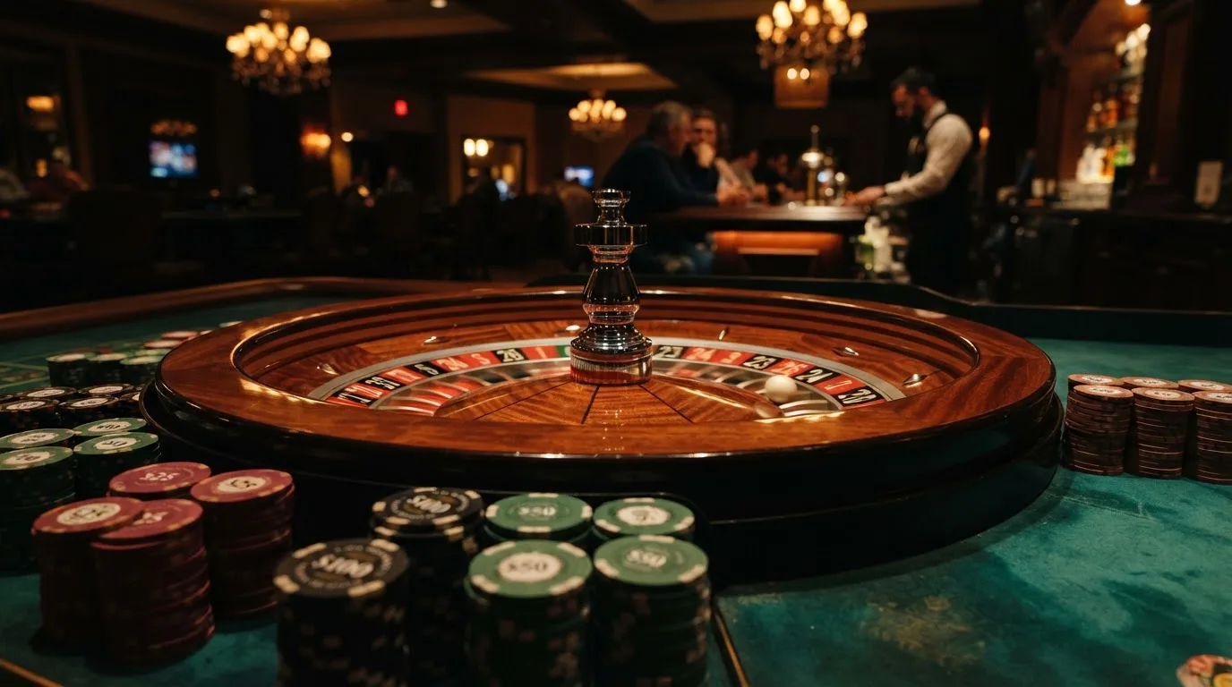 Rulettehjul og sjetonger på grønn filt i varmt kveldslys — bonuser på nettcasino