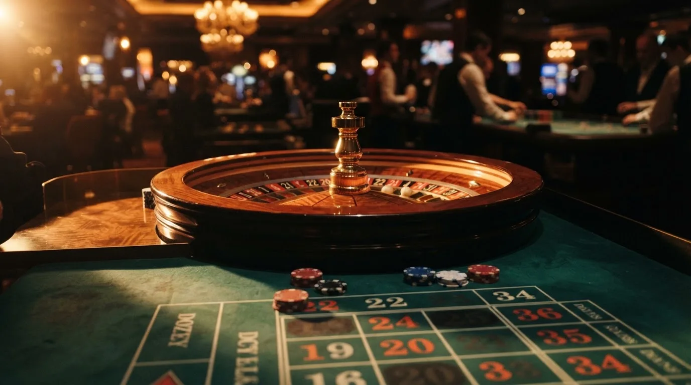 Rulettehjul og sjetonger på grønn filt i varmt kveldslys — casino slots in norway