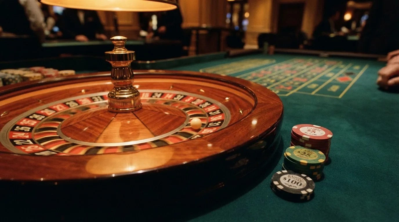 Rulettehjul og sjetonger på grønn filt i varmt kveldslys — casino tipping i norge