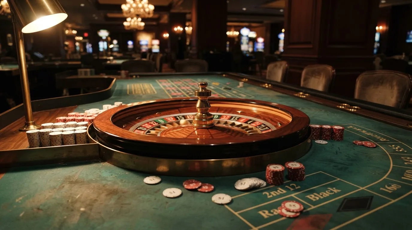 Rulettehjul og sjetonger på grønn filt i varmt kveldslys — casino uten lisens i norge