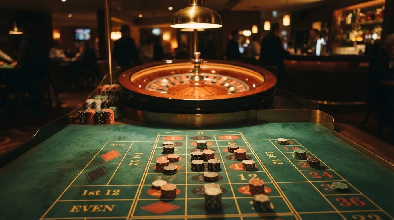 Rulettehjul og sjetonger på grønn filt i varmt kveldslys — casinoer med bitcoin i norge