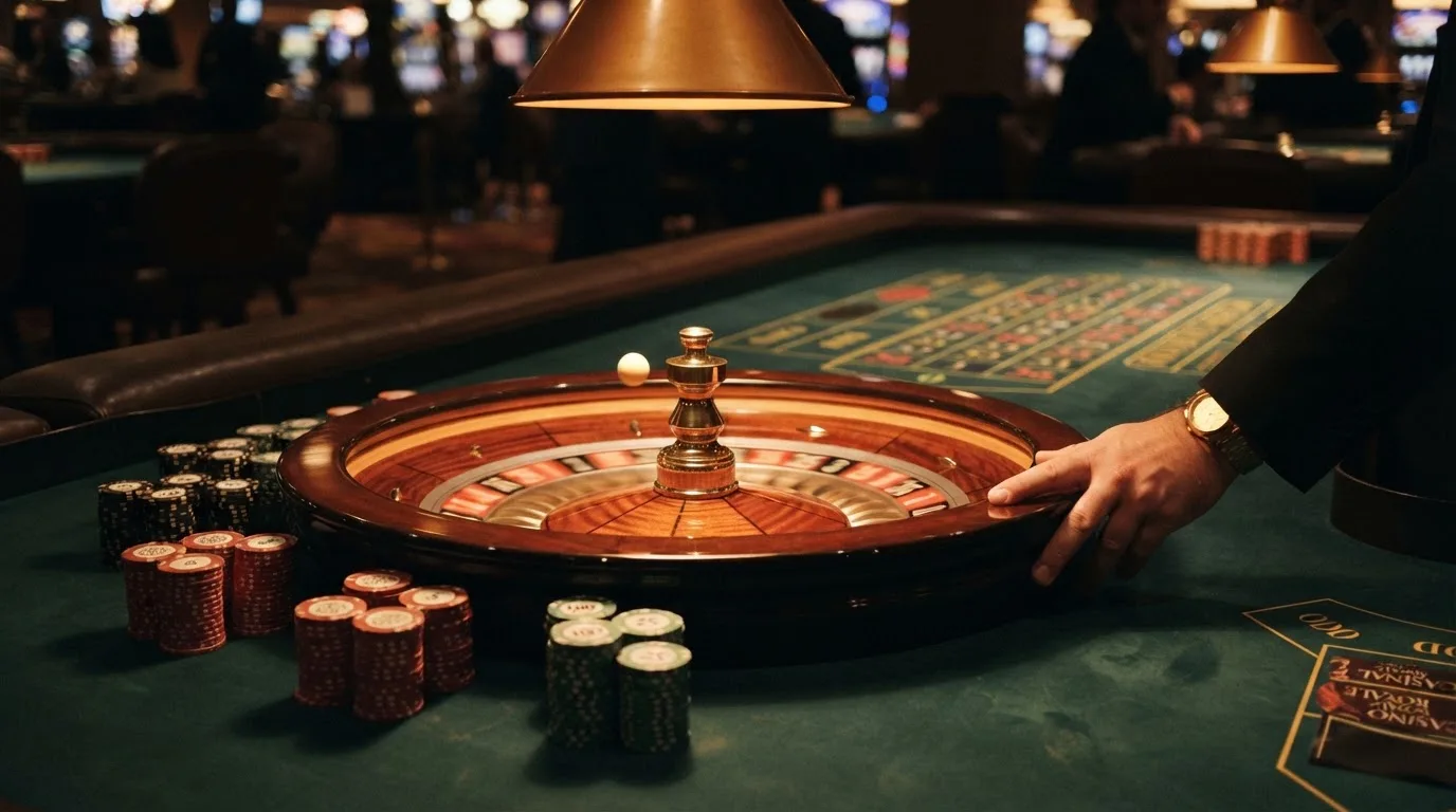 Rulettehjul og sjetonger på grønn filt i varmt kveldslys — casinoer med dogecoin i norge