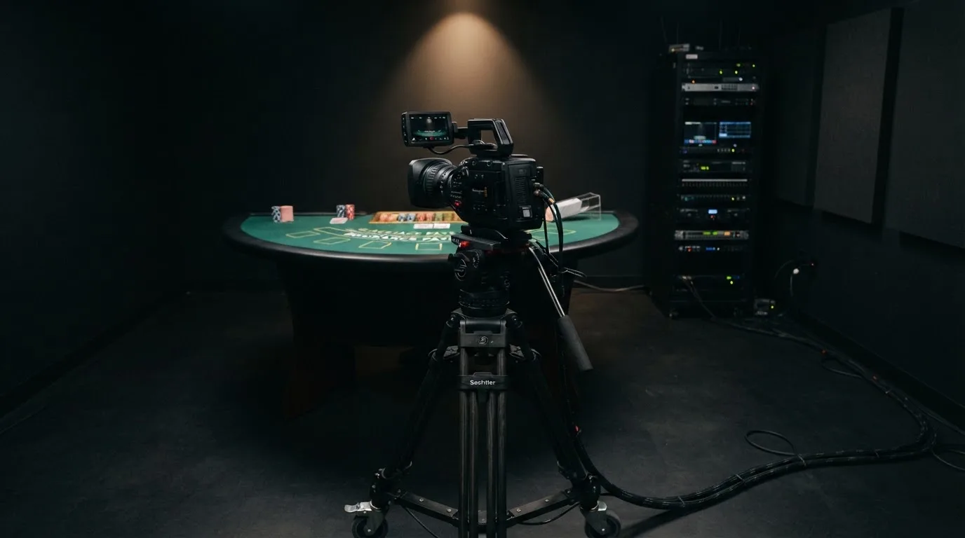 Kamera på stativ i et mørkt studio med mykt spotlys, ingen mennesker i bildet
