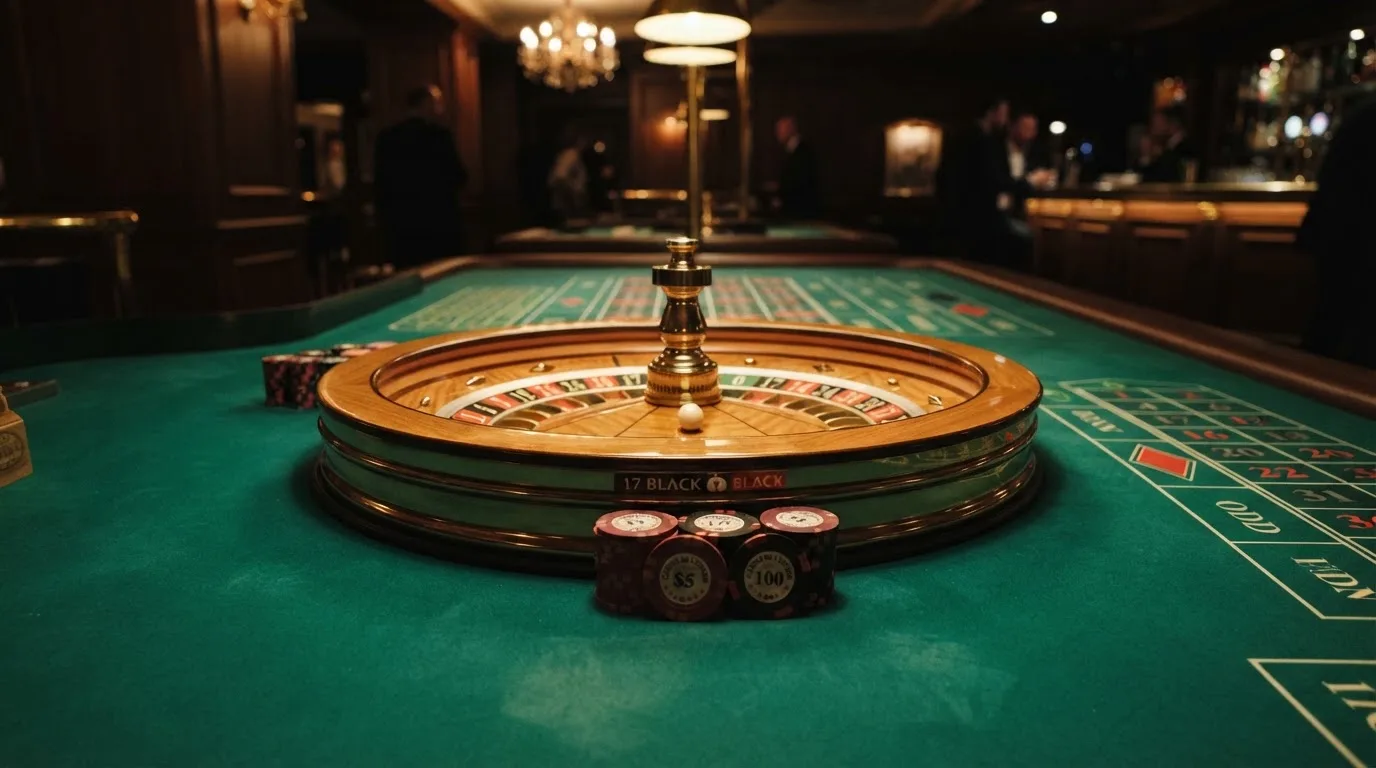 Rulettehjul og sjetonger på grønn filt i varmt kveldslys — live roulette in norway