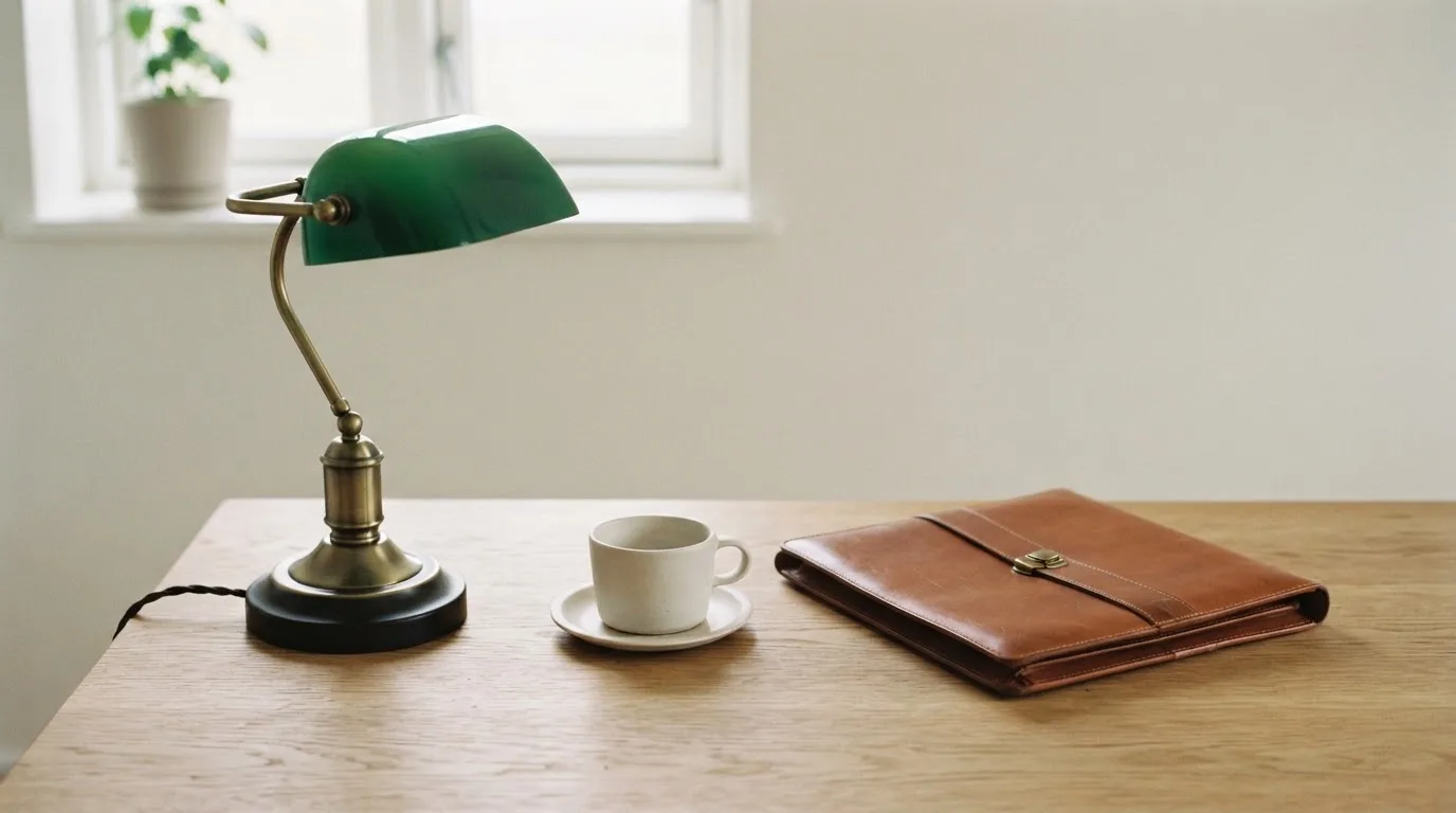 En ryddig arbeidsplass med en lampe, en kopp og en lukket mappe på et trebord i morgenlys
