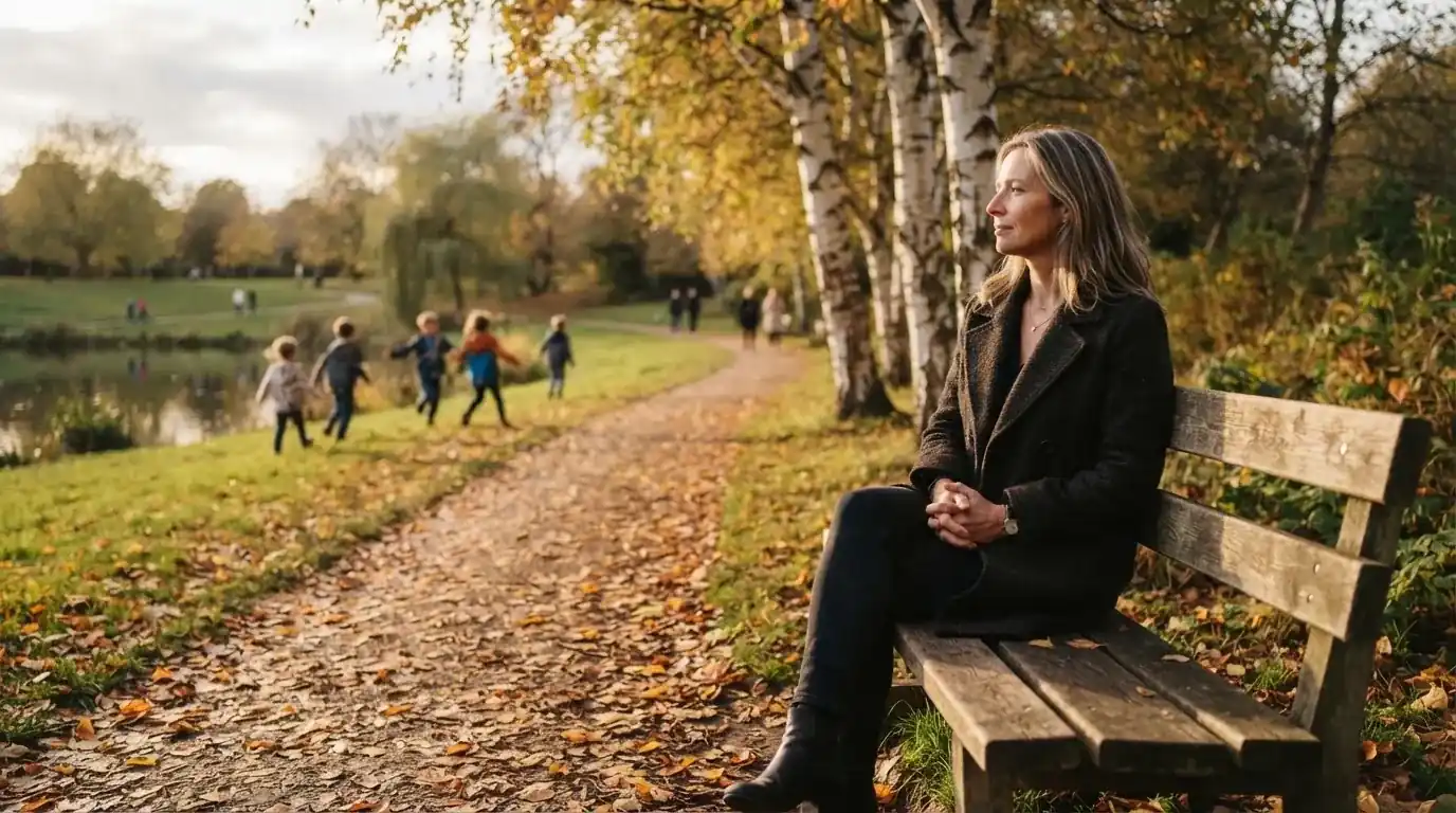 Kvinne som sitter på en benk i en bypark og ser på barn som leker i det fjerne, stille ettermiddag