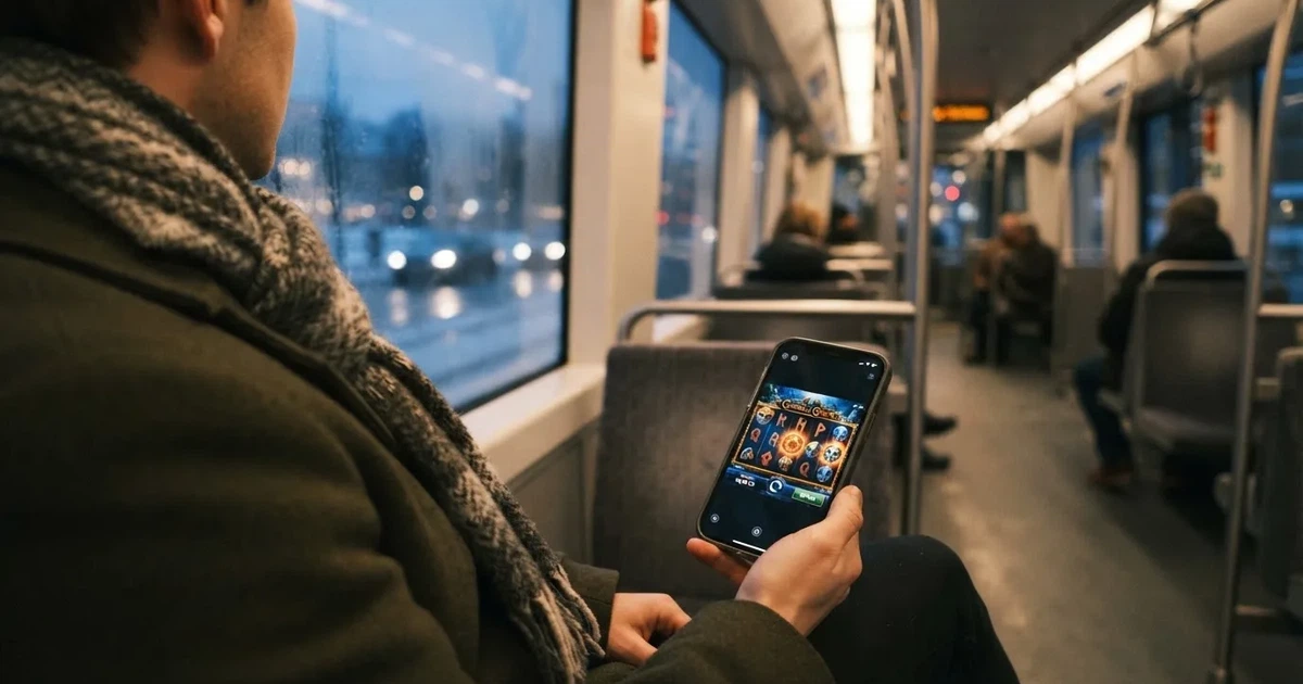 Mobiltelefon i hånden på trikken i Oslo en vinterkveld — norske casinoer på android