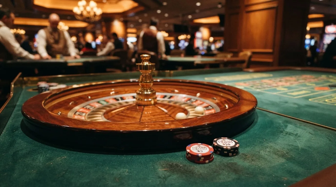 Rulettehjul og sjetonger på grønn filt i varmt kveldslys — norske casinoer på android