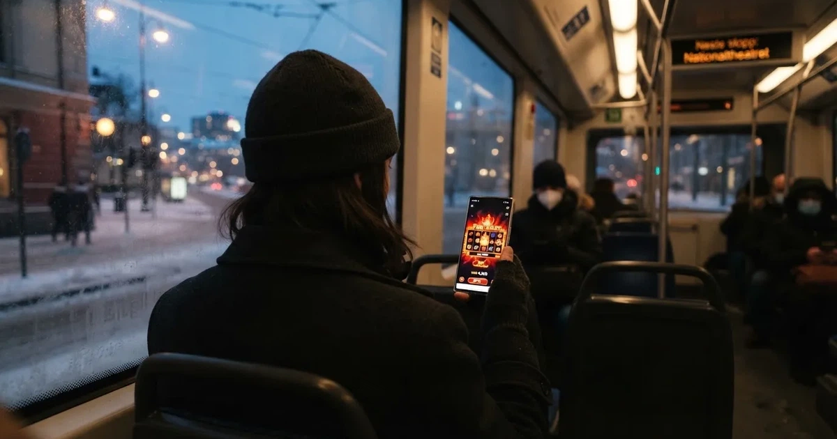Mobiltelefon i hånden på trikken i Oslo en vinterkveld — norske casinoer på ios