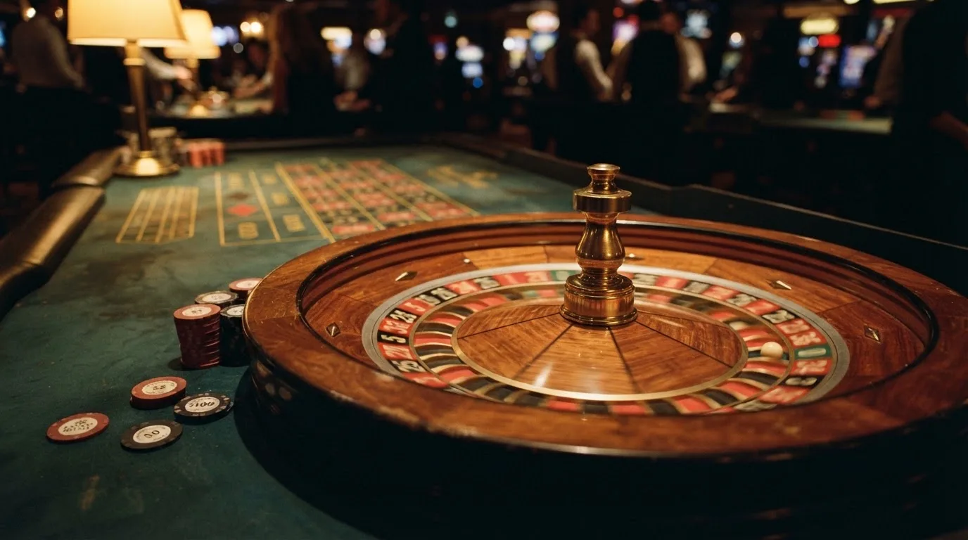 Rulettehjul og sjetonger på grønn filt i varmt kveldslys — norske casinoer på ios